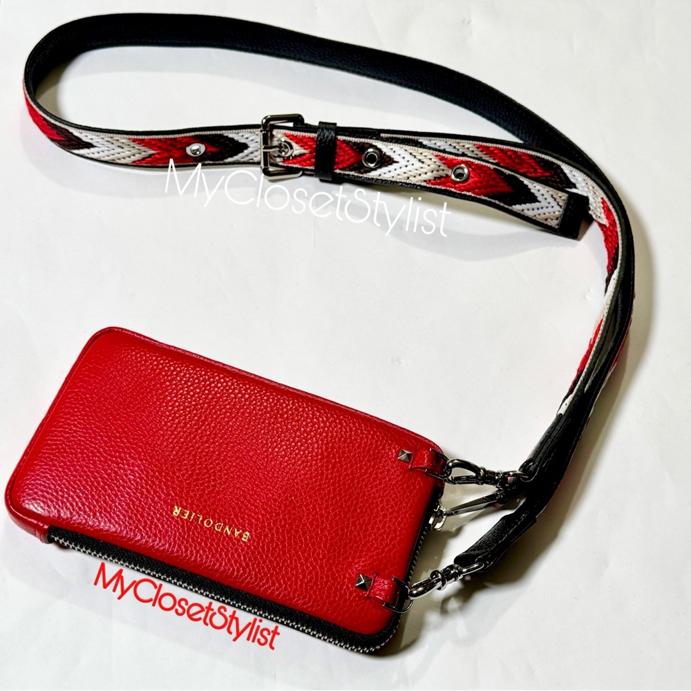 NEW! BANDOLIER Expanded Red Leather Pouch Crossbody Purse Set! Red Black SILVER
